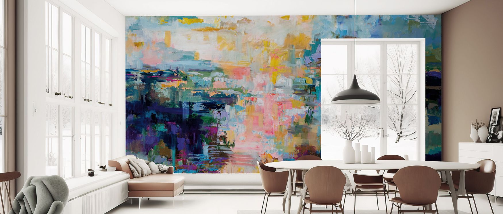 Bits of Life on Canvas Wallpaper portrays imagination through abstract rhythm, enriching interiors with charm. Living rooms or bedrooms adopt atmosphere of balance, their walls enriched by imagery that reflects decorative vibrancy. Interiors glow with art