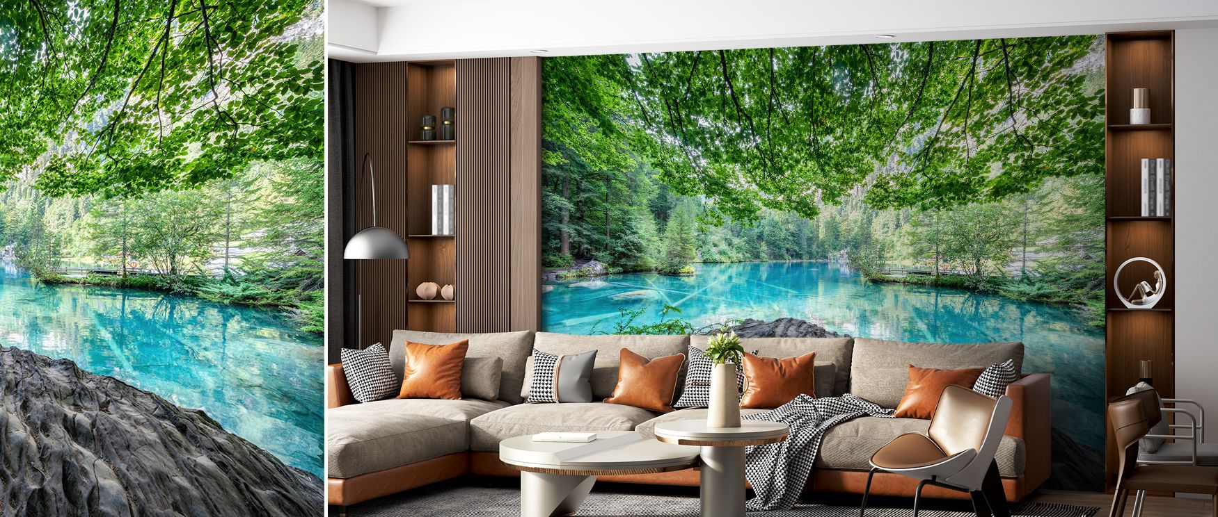 Blausee Wallpaper celebrates natural serenity, surrounding interiors with imagery of flowing tones. Living rooms or bedrooms inherit atmosphere of calm, their walls enriched by design that reflects charm and harmony. Interiors glow with peaceful resonance