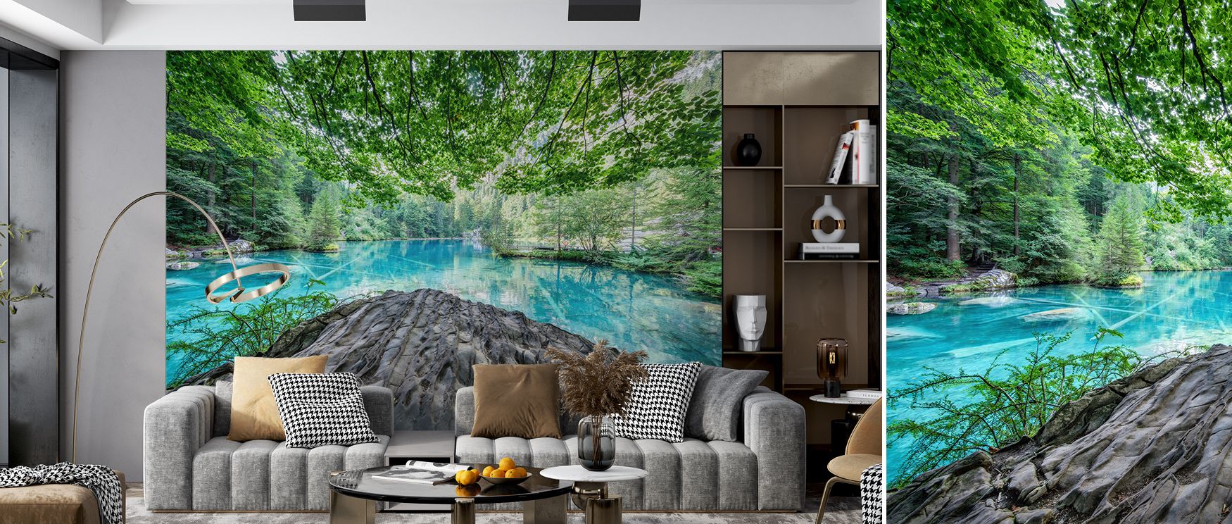 Blausee Wallpaper suggests harmony of nature, surrounding interiors with tones of reflective charm. Living rooms or bedrooms adopt atmosphere of calm, their spaces enriched by imagery that reflects serenity. Interiors glow with elegance and balance. 