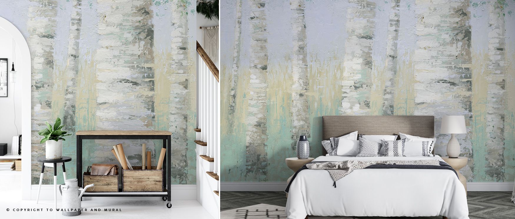 Blue Birch Wallpaper surrounds interiors with woodland rhythm, layering trunks across calming tones. Living rooms or bedrooms resonate with atmosphere of serenity, their walls enriched by imagery that reflects harmony. Interiors glow with balance and natu
