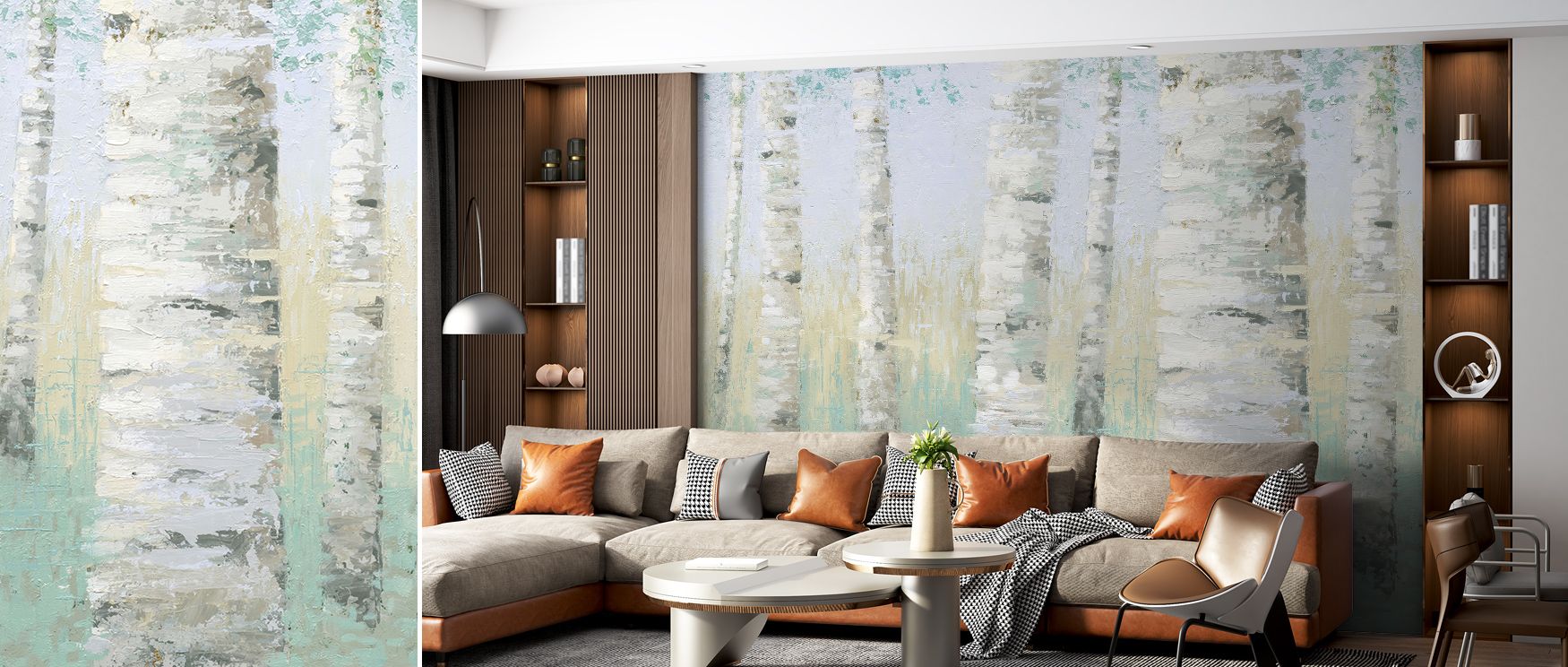 Blue Birch Wallpaper radiates woodland serenity, layering interiors with imagery of birch trunks. Living rooms or bedrooms adopt atmosphere of calmness, enriched by design that suggests tranquility. Interiors glow with natural balance and quiet refinement