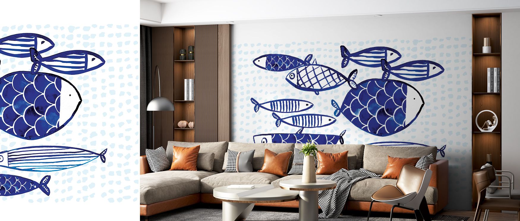 Blue Fish Studies Wallpaper radiates aquatic elegance, surrounding interiors with imagery of calm waters. Living rooms or bedrooms adopt atmosphere of tranquility, their walls enriched by design that reflects serenity. Interiors glow with balance and natu