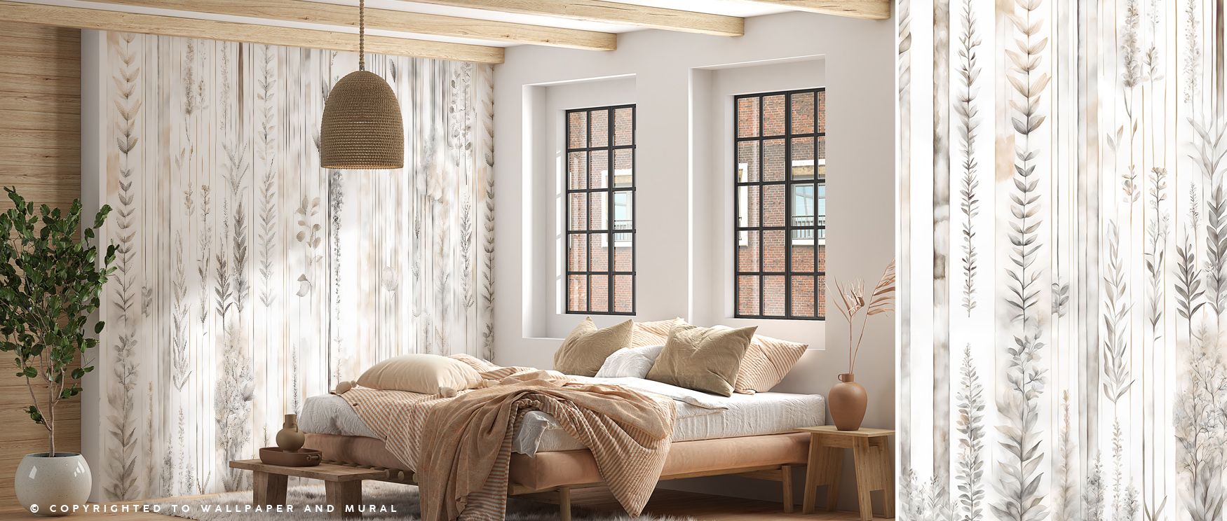 Botanical Wall Beige Wallpaper enriches interiors with floral imagery layered in beige tones, surrounding walls with charm. Living rooms or bedrooms adopt atmosphere of calmness, their spaces enriched by patterns that reflect harmony. Interiors glow with 