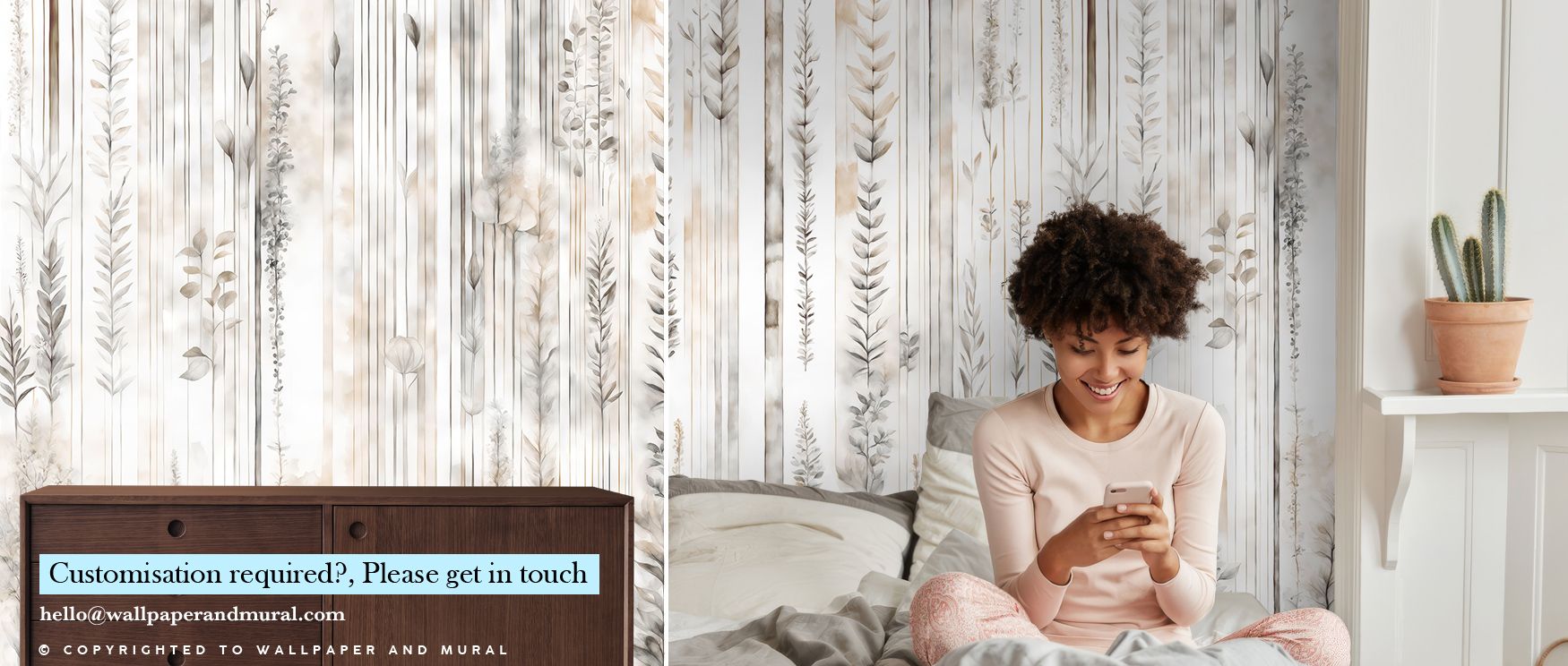 Flowing across surfaces, Botanical Wall Beige Wallpaper reflects natural elegance, surrounding offices or bedrooms with calmness. Interiors resonate with atmosphere of balance, their walls enriched by designs that reflect continuity. Interiors glow with d