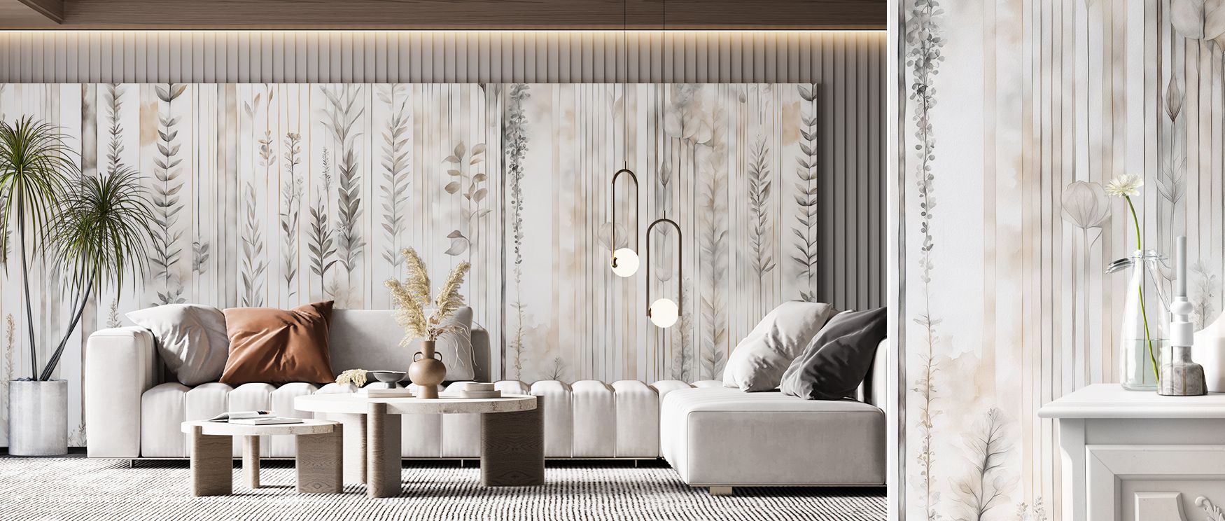 The design of Botanical Wall Beige Wallpaper portrays floral elegance, surrounding interiors with calm presence. Offices or bedrooms adopt atmosphere of charm, their walls enriched by designs that reflect continuity. Interiors glow with serenity. 
