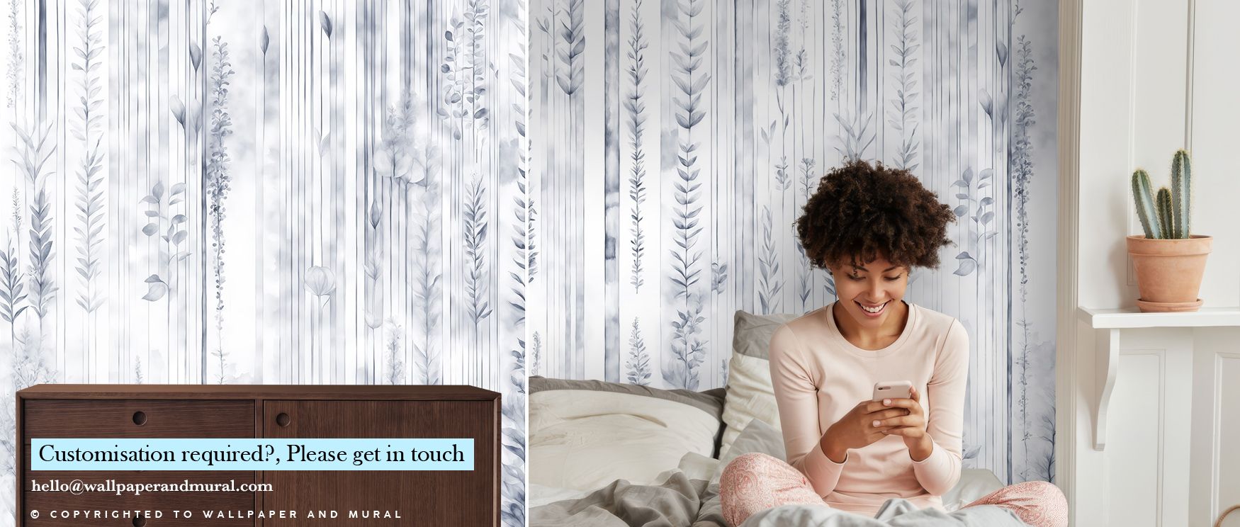Flowing across surfaces, Botanical Wall Blue Wallpaper reflects natural artistry, surrounding offices or bedrooms with charm. Interiors resonate with atmosphere of refinement, their walls enriched by imagery that reflects continuity. Interiors glow with d