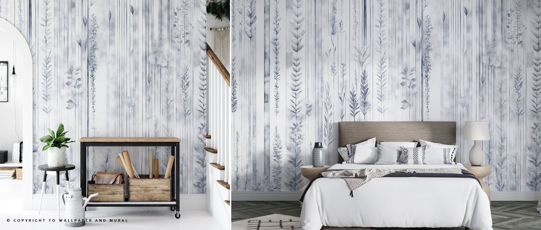Botanical Wall Blue Wallpaper surrounds interiors with calming floral imagery, layering walls with serenity. Living rooms or bedrooms adopt atmosphere of balance, their walls enriched by patterns that reflect natural artistry. Interiors glow with charm. 