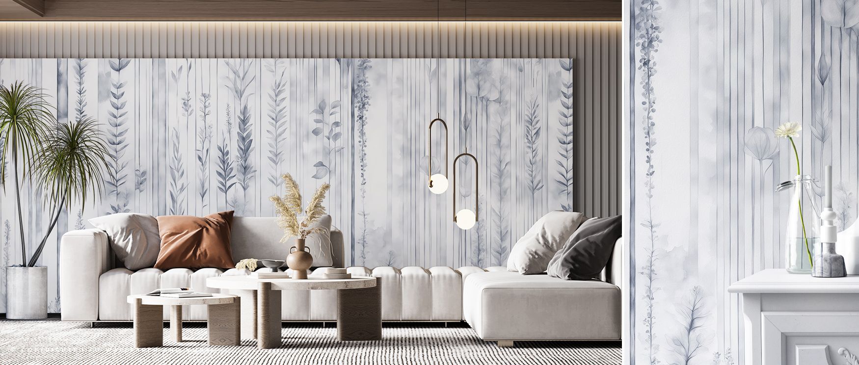 The design of Botanical Wall Blue Wallpaper portrays harmony of blossoms, layering interiors with decorative charm. Offices or bedrooms adopt atmosphere of balance, their walls enriched by imagery that reflects calmness. Interiors glow with refinement. 