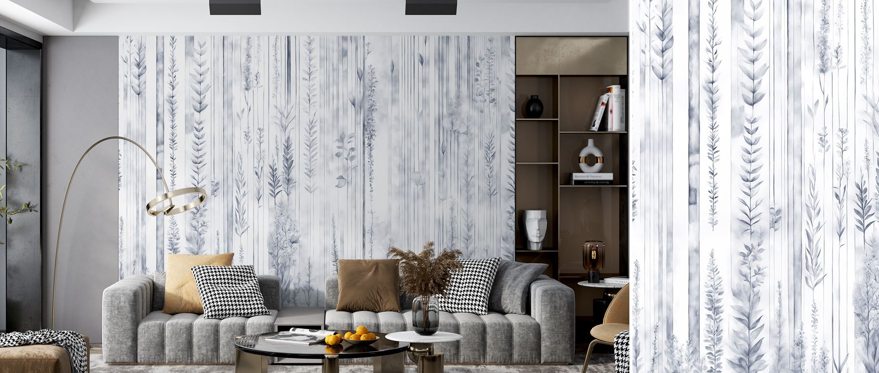 Botanical Wall Blue Wallpaper reflects decorative artistry, where blossoms flow across blue tones. Living rooms or bedrooms adopt atmosphere of balance, their walls enriched by patterns that reflect continuity. Interiors glow with calmness. 