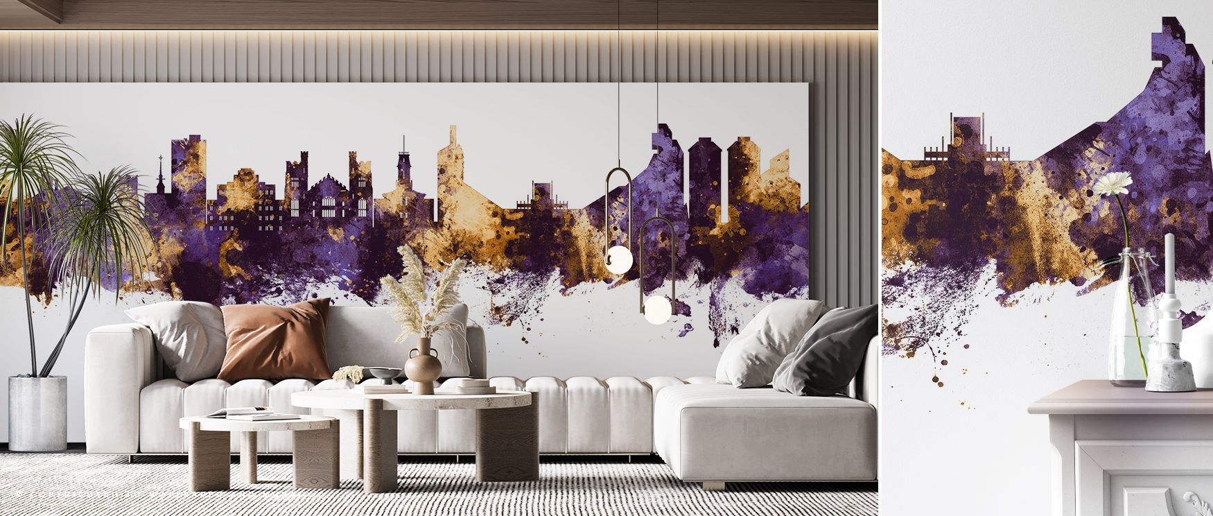 Boulder Colorado Skyline Purple & Gold Wallpaper surrounds interiors with luminous silhouettes, layering purple and gold harmony. Living rooms or bedrooms adopt atmosphere of sophistication, their walls enriched by imagery that reflects decorative eleganc
