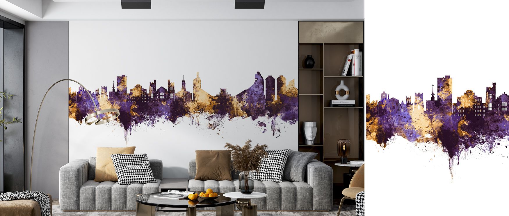 Boulder Colorado Skyline Purple & Gold Wallpaper radiates luminous sophistication, surrounding interiors with silhouettes in harmony. Living rooms or bedrooms inherit atmosphere of charm, their walls enriched by radiant tones. Interiors glow with balance 