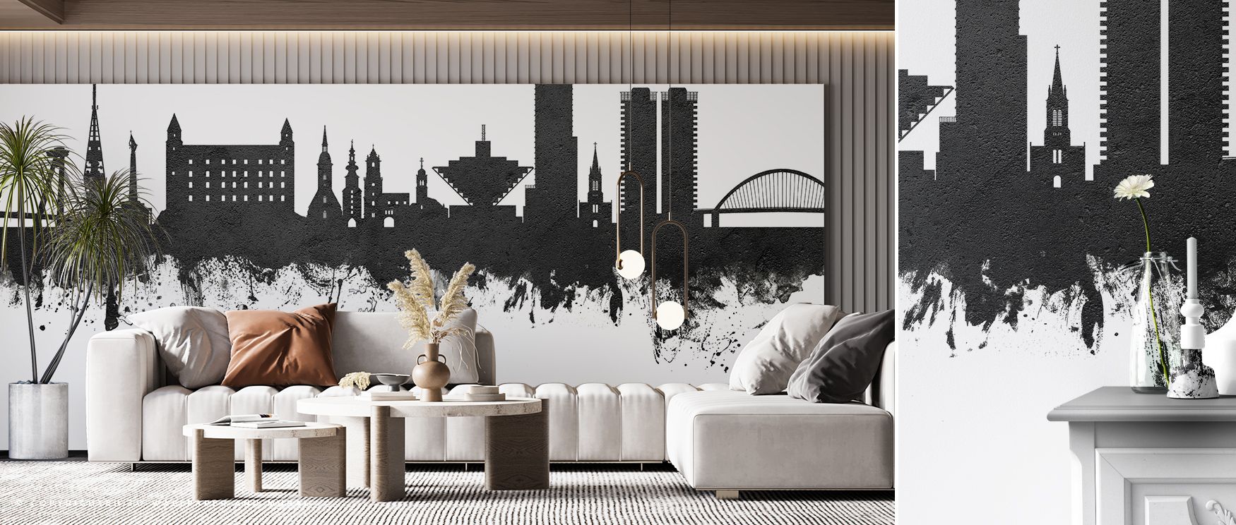 Bratislava Slovakia Skyline Black & White Wallpaper surrounds interiors with monochrome imagery, layering silhouettes in harmony. Living rooms or bedrooms adopt atmosphere of sophistication, their walls enriched by decorative charm. Interiors glow with co