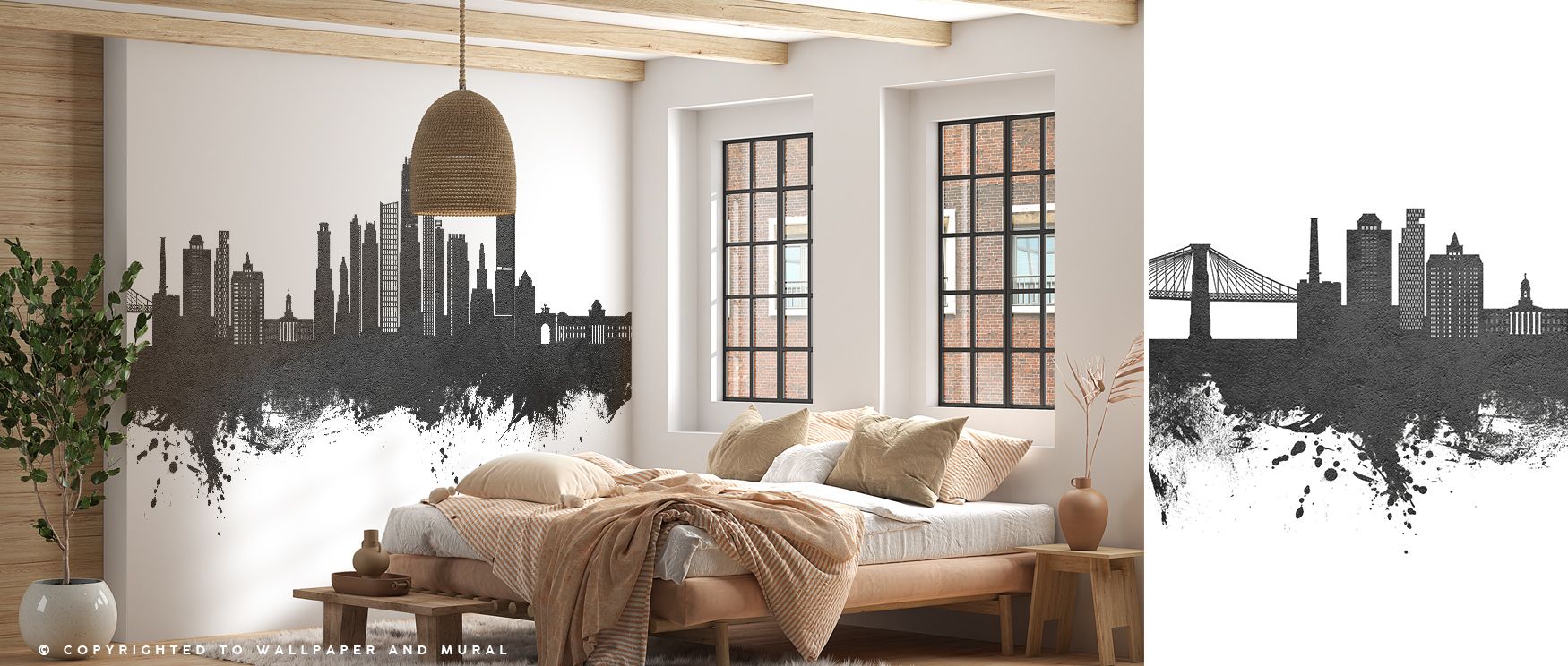 Brooklyn New York Skyline Black & White Wallpaper enriches interiors with silhouettes in calm rhythm, surrounding walls with charm. Living rooms or bedrooms adopt atmosphere of heritage presence, their spaces enriched by imagery that reflects balance. Int