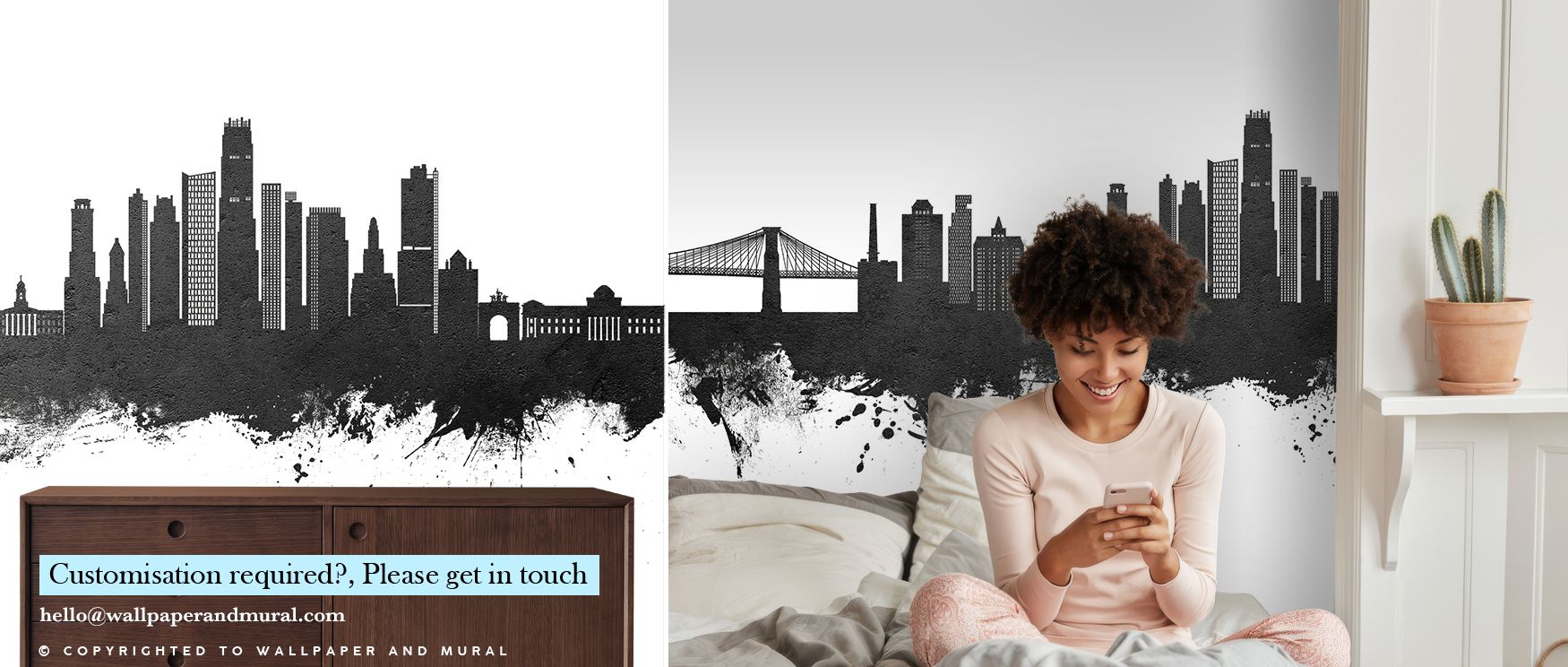 Flowing across surfaces, Brooklyn New York Skyline Black & White Wallpaper reflects urban elegance, surrounding offices or bedrooms with charm. Interiors resonate with atmosphere of refinement, their walls enriched by imagery that reflects continuity. Int