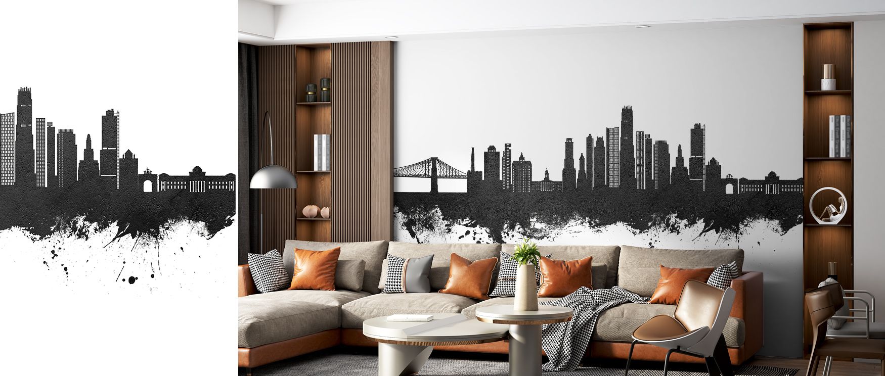 Brooklyn New York Skyline Black & White Wallpaper radiates historical elegance, surrounding interiors with silhouettes in monochrome. Living rooms or bedrooms inherit atmosphere of balance, their walls enriched by imagery that reflects charm. Interiors gl