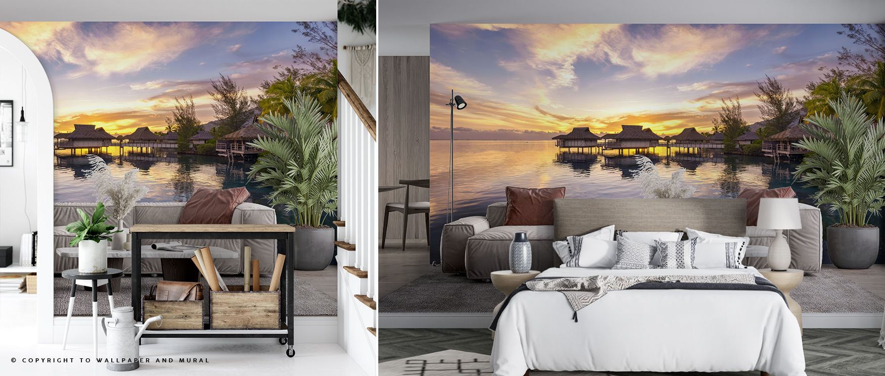 Bungalow Sunset Wallpaper surrounds interiors with vibrant warmth, layering imagery of horizon across walls. Living rooms or bedrooms adopt atmosphere of relaxation, their walls enriched by tropical rhythm. Interiors glow with serenity. 