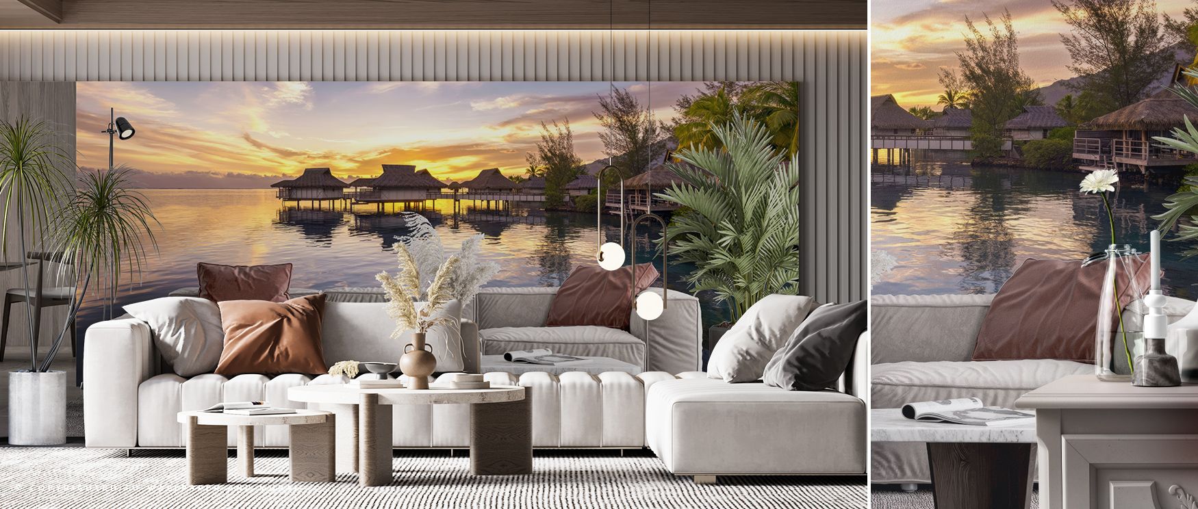 The design of Bungalow Sunset Wallpaper portrays radiant elegance, layering interiors with tropical harmony. Offices or bedrooms adopt atmosphere of calm, their walls enriched by imagery that reflects warmth. Interiors glow with balance. 