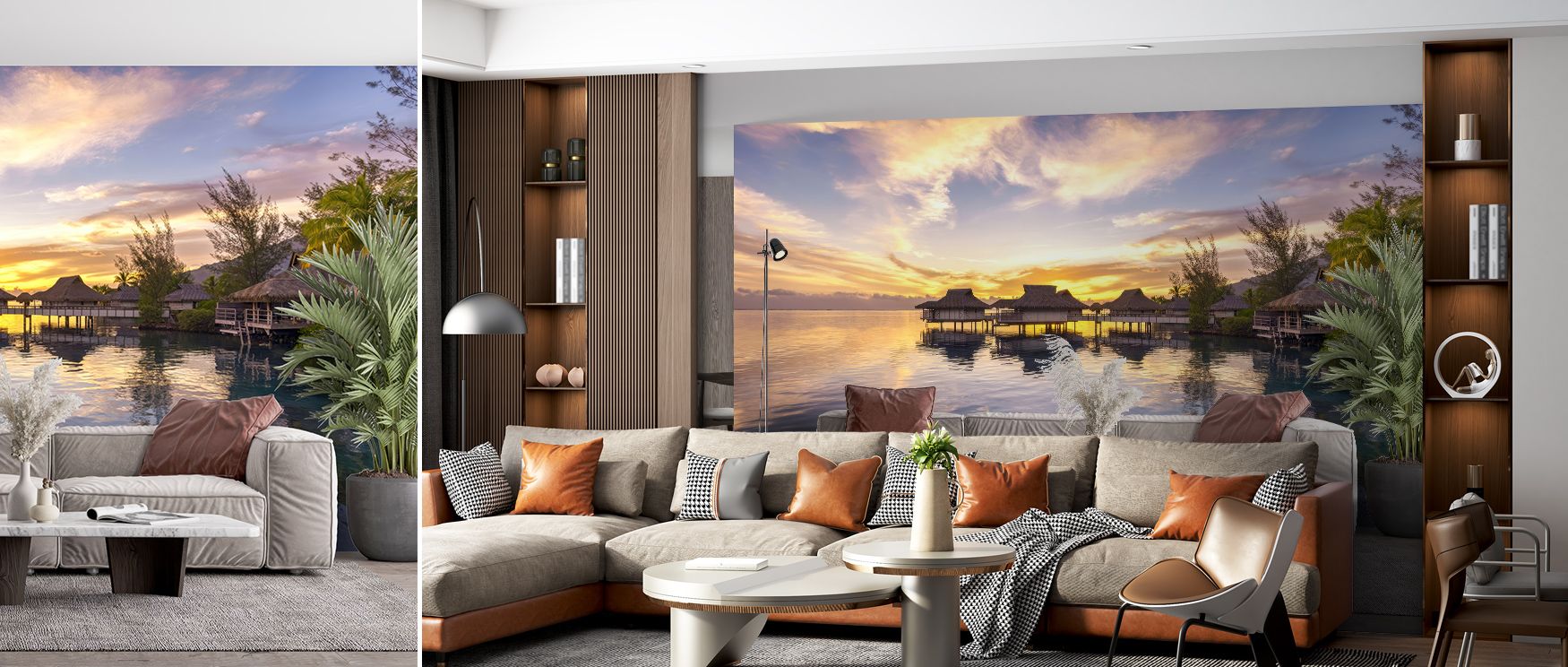 Bungalow Sunset Wallpaper radiates tropical sophistication, surrounding interiors with imagery of evening beauty. Living rooms or bedrooms inherit atmosphere of calmness, their walls enriched by patterns that reflect charm. Interiors glow with serenity. 