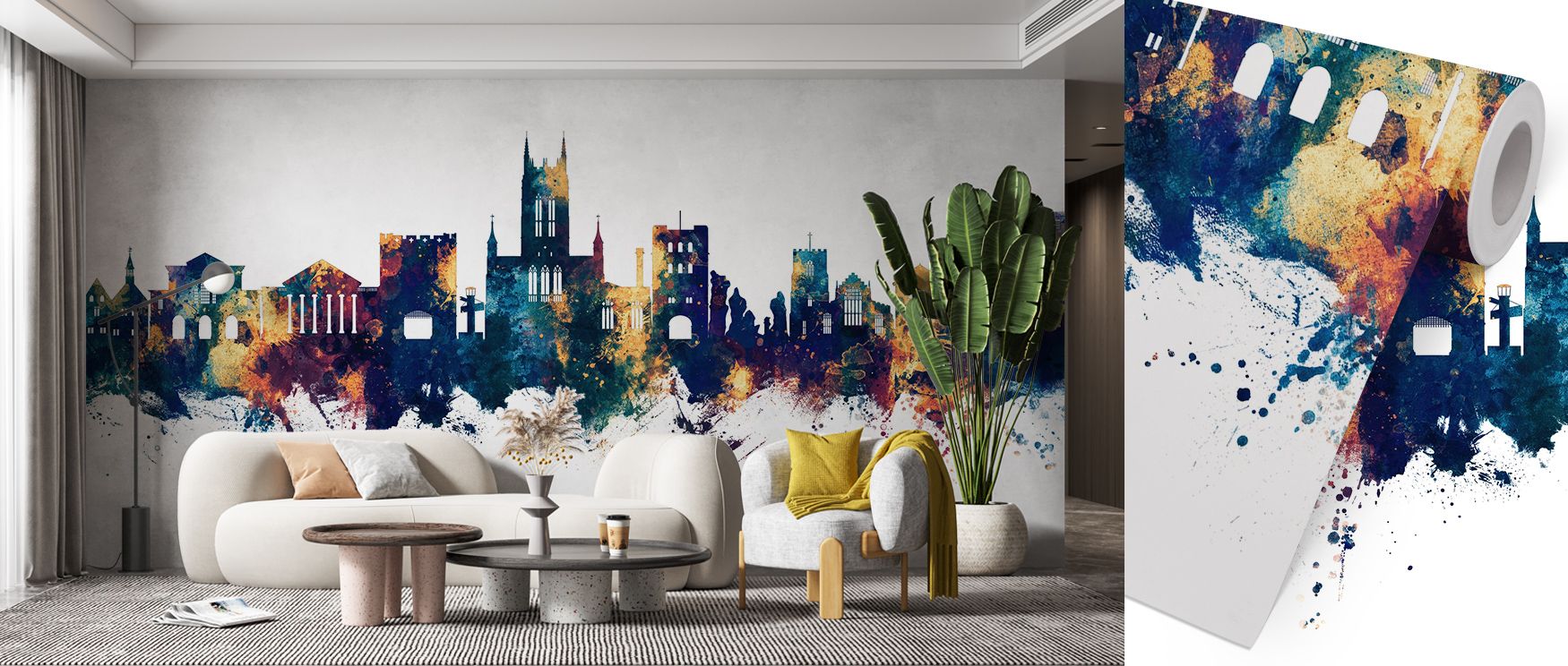 Bury St Edmunds England Skyline Blue & Bronze Wallpaper surrounds interiors with rich tonal imagery, layering heritage silhouettes. Living rooms or bedrooms adopt atmosphere of refinement, their walls enriched by imagery that reflects balance. Interiors g