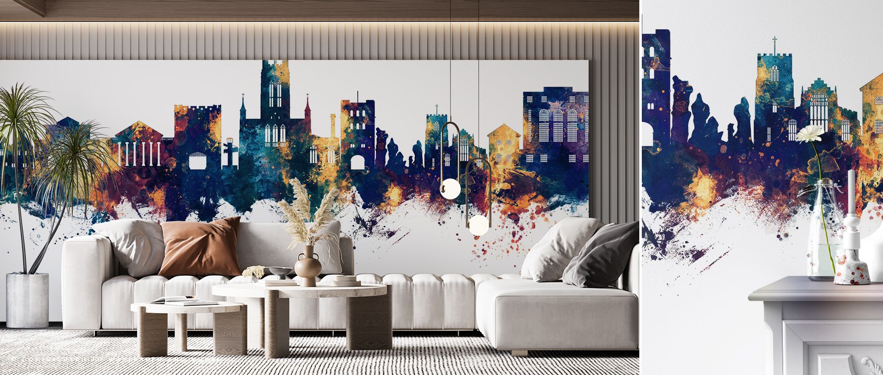 The design of Bury St Edmunds England Skyline Blue & Bronze Wallpaper portrays historical resonance, layering interiors with charm. Offices or bedrooms adopt atmosphere of refinement, their walls enriched by imagery that reflects continuity. Interiors glo