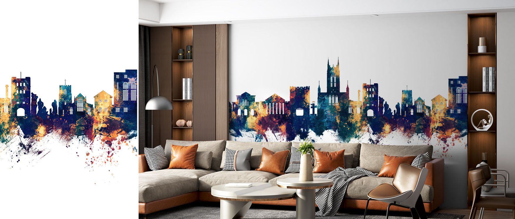 Bury St Edmunds England Skyline Blue & Bronze Wallpaper radiates cultural charm, surrounding interiors with tones of elegance. Living rooms or bedrooms inherit atmosphere of refinement, their walls enriched by imagery that reflects balance. Interiors glow