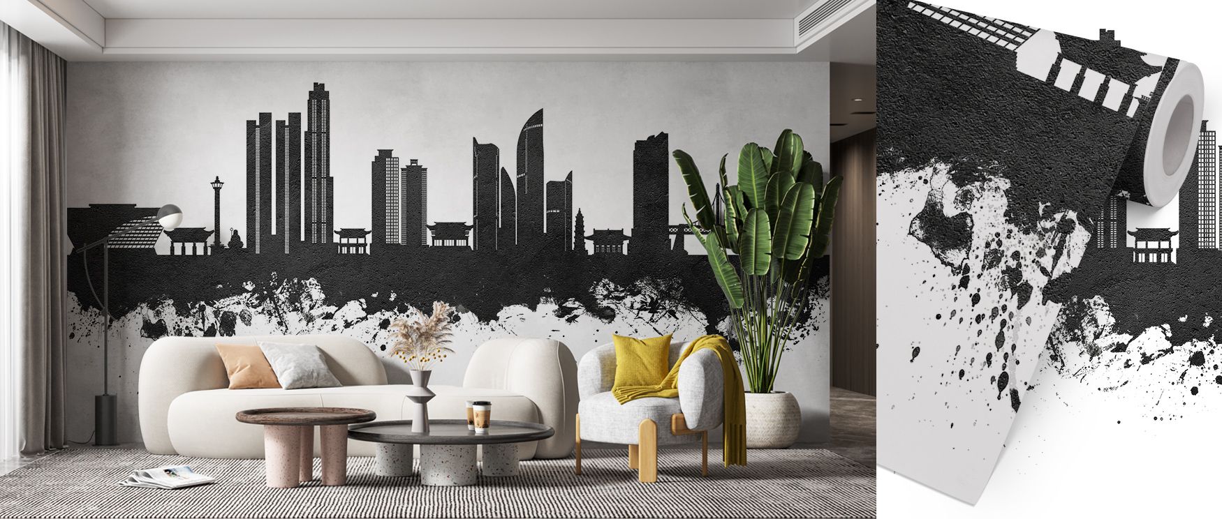 Busan South Korea Skyline Black & White Wallpaper surrounds interiors with cultural imagery, layering silhouettes across walls. Living rooms or bedrooms adopt atmosphere of charm, their walls enriched by imagery that reflects balance. Interiors glow with 