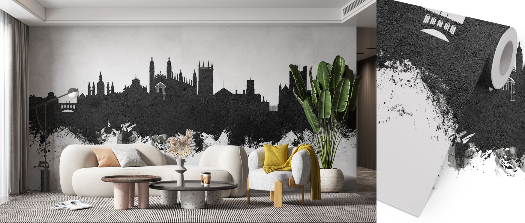Cambridge England Skyline Black & White Wallpaper surrounds interiors with monochrome silhouettes, layering heritage across walls. Living rooms or bedrooms adopt atmosphere of refinement, their walls enriched by imagery that reflects elegance. Interiors g