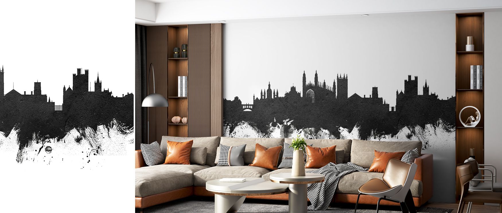 Cambridge England Skyline Black & White Wallpaper radiates historical charm, surrounding interiors with monochrome rhythm. Living rooms or bedrooms inherit atmosphere of refinement, their walls enriched by imagery that reflects sophistication. Interiors g