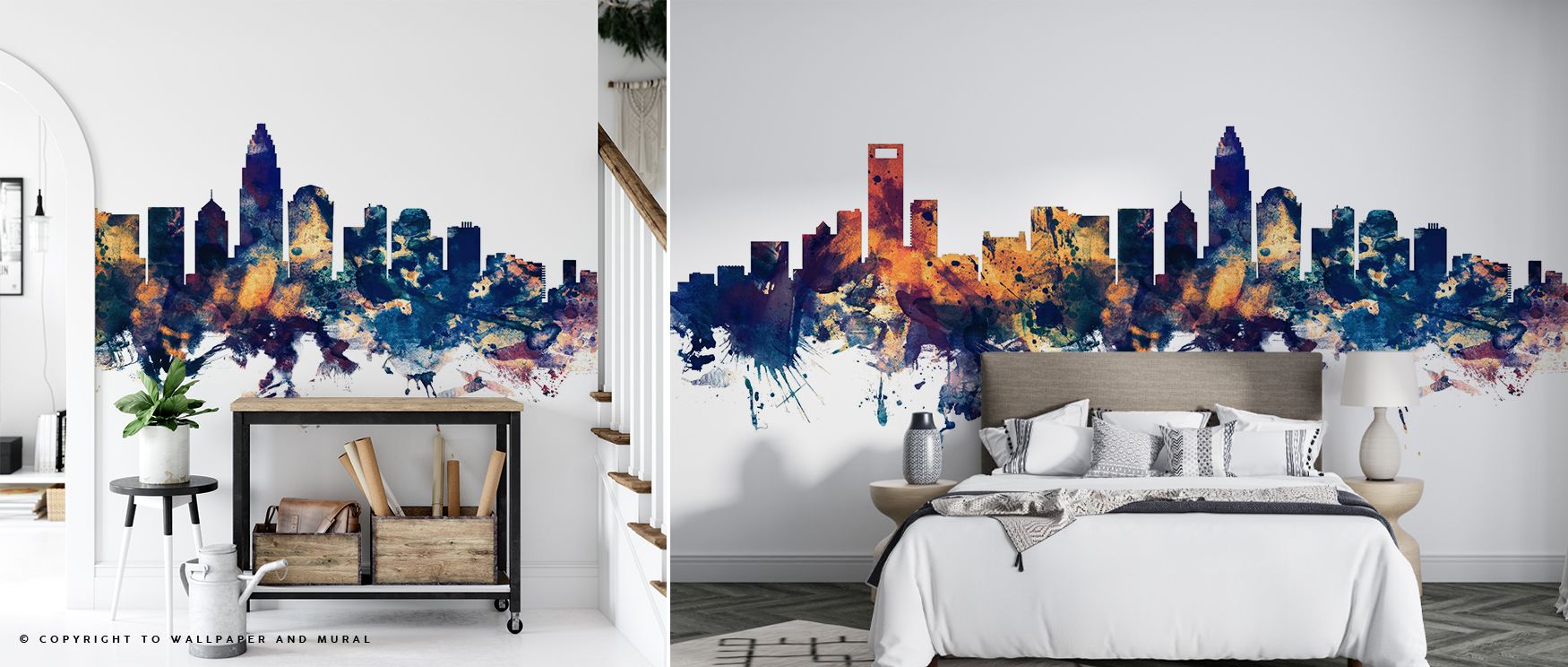 A tribute to Charlotte’s architectural strength, the Charlotte North Carolina Skyline Blue & Bronze Wallpaper showcases skyline patterns crafted in metallic-like bronze and soothing blue tones. Its arrangement creates continuity and flow, enriching interi