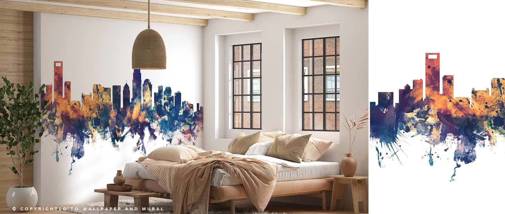 This Charlotte North Carolina Skyline Blue & Bronze Wallpaper radiates vibrant sophistication through dynamic color contrasts of bronze and blue, echoing the heartbeat of the city in design. The skyline stretches with artistic symmetry, providing grandeur