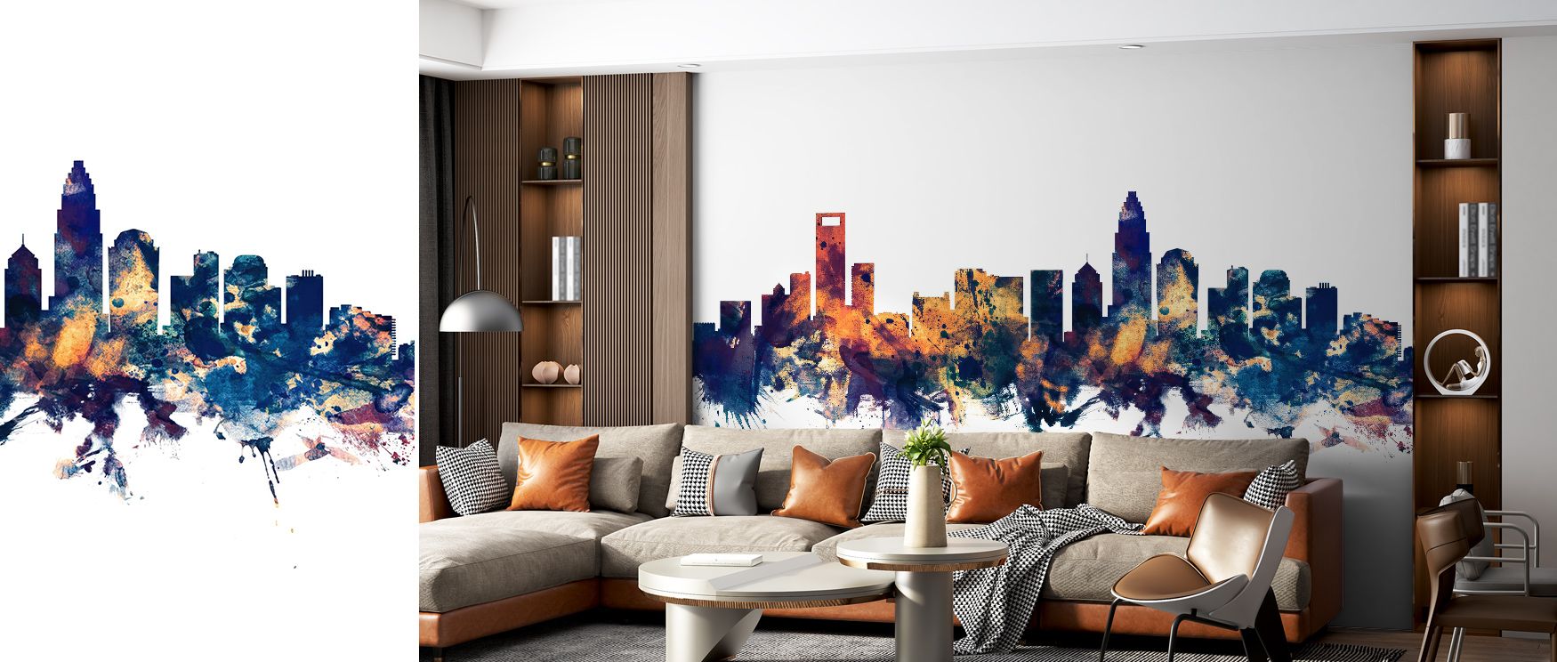 Embracing Charlotte’s identity, the Charlotte North Carolina Skyline Blue & Bronze Wallpaper integrates timeless beauty with metropolitan allure, highlighted through color contrasts. It creates a sophisticated visual presence, blending architectural detai