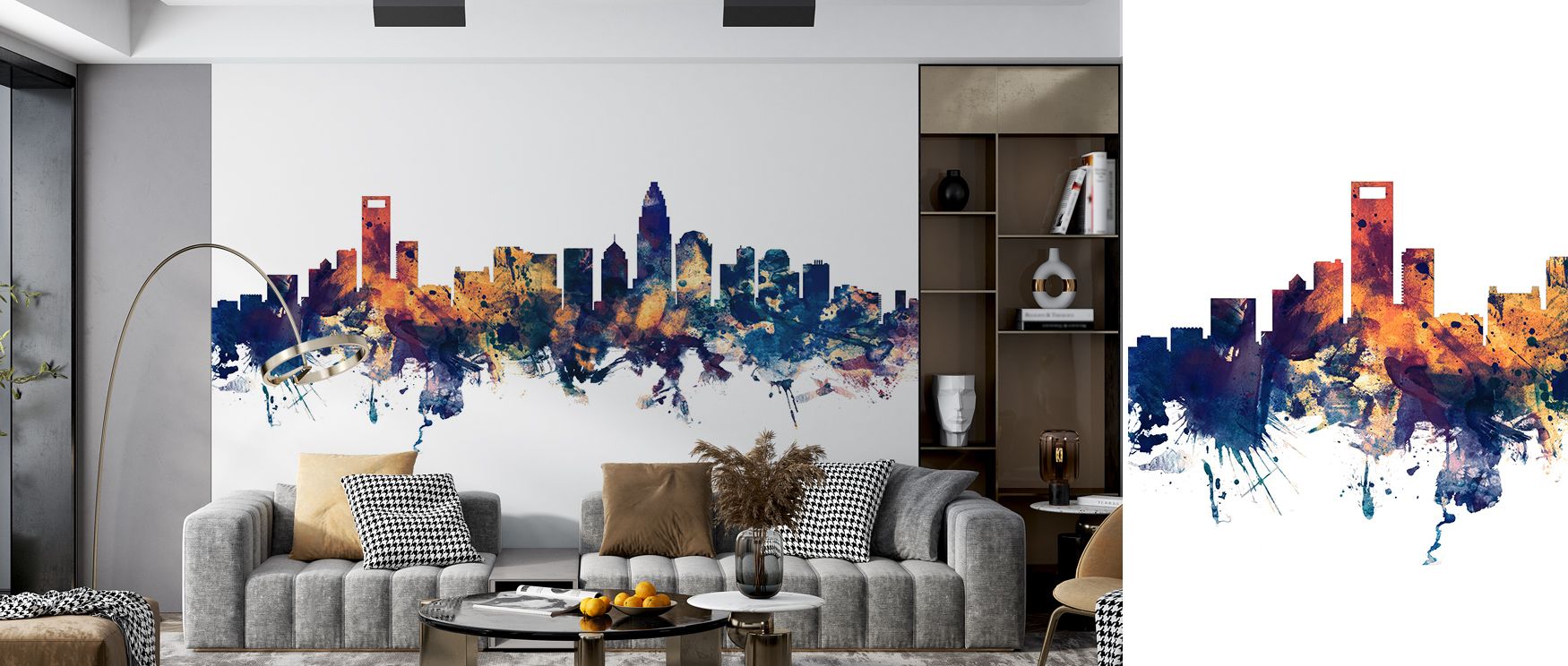 The Charlotte North Carolina Skyline Blue & Bronze Wallpaper reflects elegance through its bold skyline motif, shimmering bronze glow, and tranquil blue undertones. This combination provides structure and calm, offering rooms like living rooms and bedroom