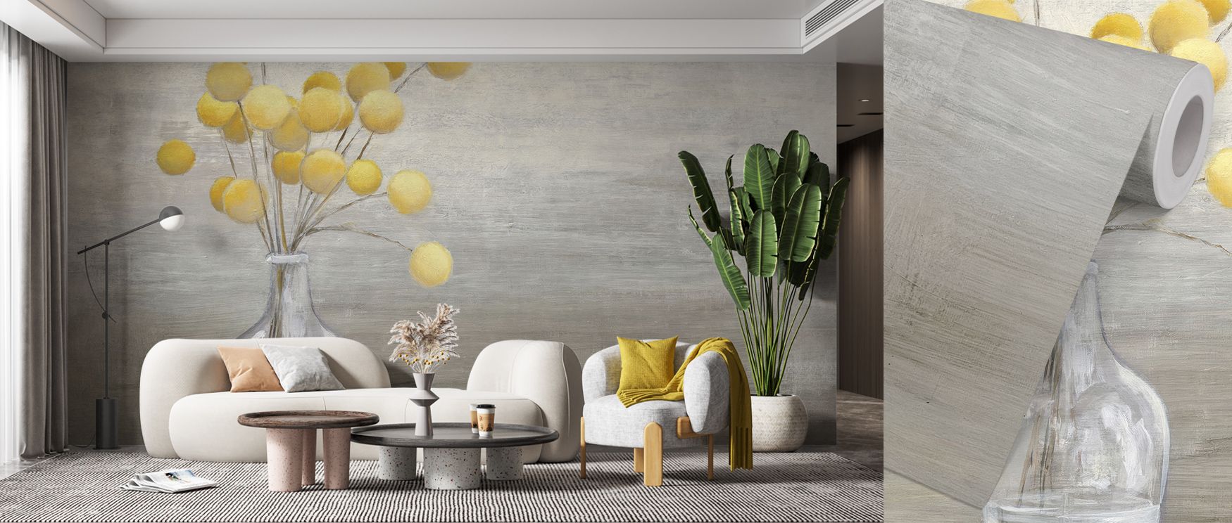 Cheerful Craspedia Wallpaper blossoms across walls in glowing patterns of floral spheres, uplifting moods with their luminous charm. Each bloom radiates playfulness, ensuring interiors shine with brightness, ideal for living rooms and offices. 
