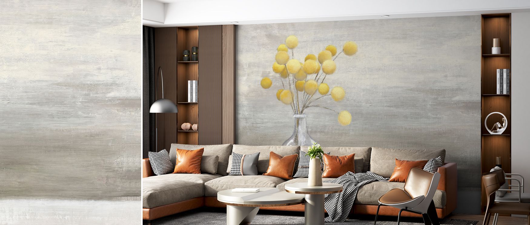 The Cheerful Craspedia Wallpaper brings fields of yellow blossoms indoors, wrapping interiors with positivity and warmth. Its floral round shapes build harmony and joy, giving spaces like bedrooms and living rooms a fresh, energetic presence. 