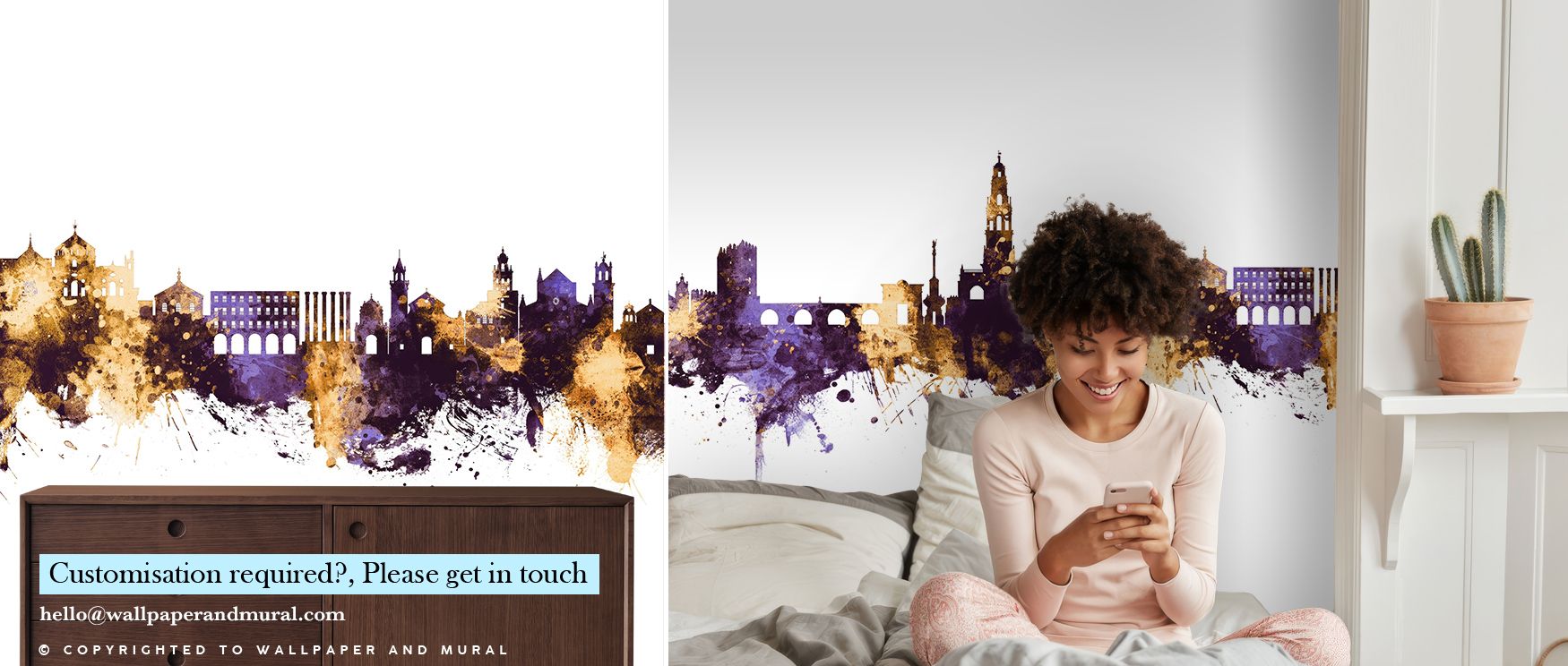 Córdoba Skyline Purple & Gold Wallpaper radiates majesty through glowing architectural silhouettes. Its artistry enhances bedrooms and living rooms with cultural charm, sustaining atmosphere of elegance. Interiors glow under its luminous rhythm, enriched 