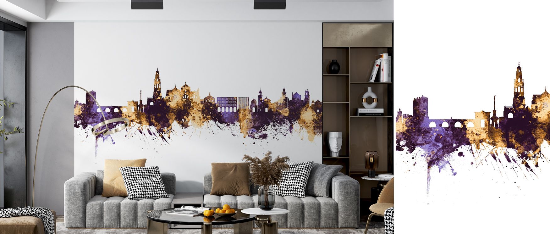The Córdoba Skyline Purple & Gold Wallpaper conveys majesty through luminous contrasts, enriching bedrooms and living rooms with cultural rhythm. Its design sustains elegance, ensuring interiors thrive with heritage-inspired artistry. Walls glow with time