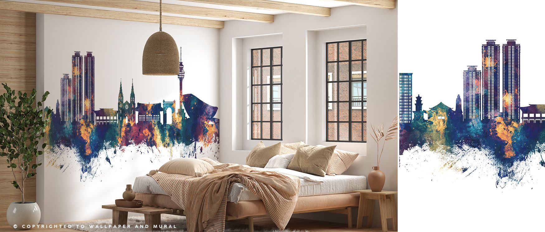Daegu Skyline Blue & Bronze Wallpaper enriches interiors with luminous tones of bronze and blue layered across architectural silhouettes. Its artistry sustains timeless rhythm, making bedrooms and offices glow in sophistication. Interiors thrive under its