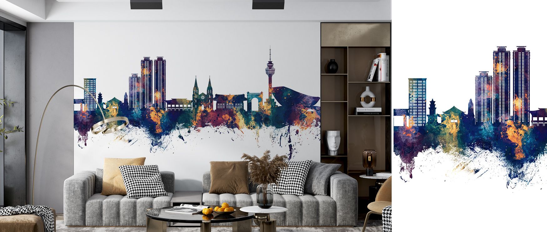 Daegu Skyline Blue & Bronze Wallpaper frames architectural rhythm in luminous tones of bronze and blue. Its design sustains cosmopolitan grace, enriching bedrooms and living rooms with cultural presence. Interiors glow with elegance, thriving in timeless 