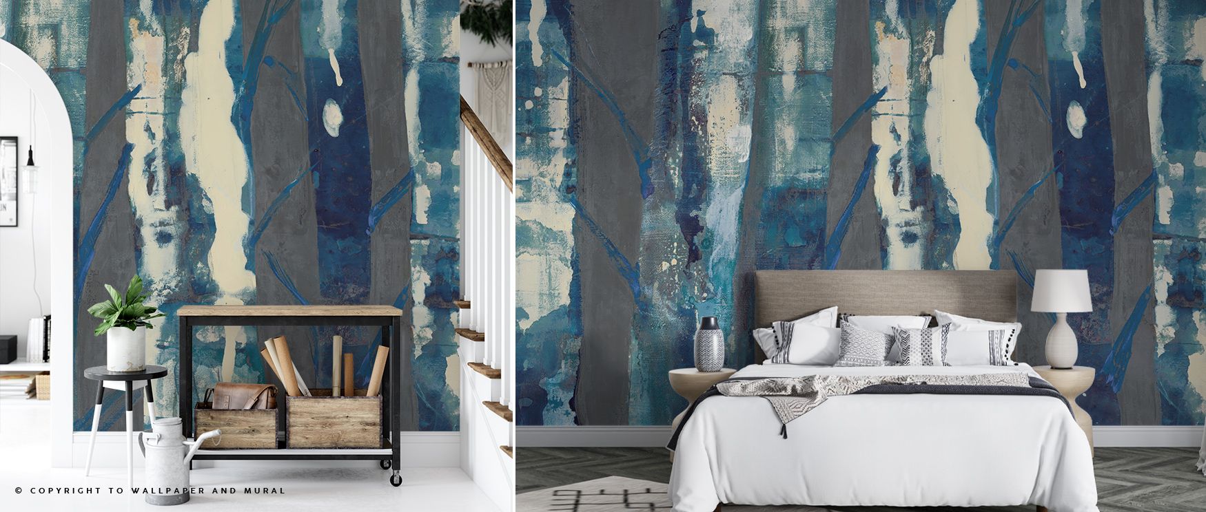 Deep Woods III Indigo on Gray Wallpaper radiates balance through tonal contrasts of gray and indigo. Its artistry enriches bedrooms and offices with refinement, sustaining atmosphere filled with calm elegance. Interiors glow in harmony, sustaining rhythm 