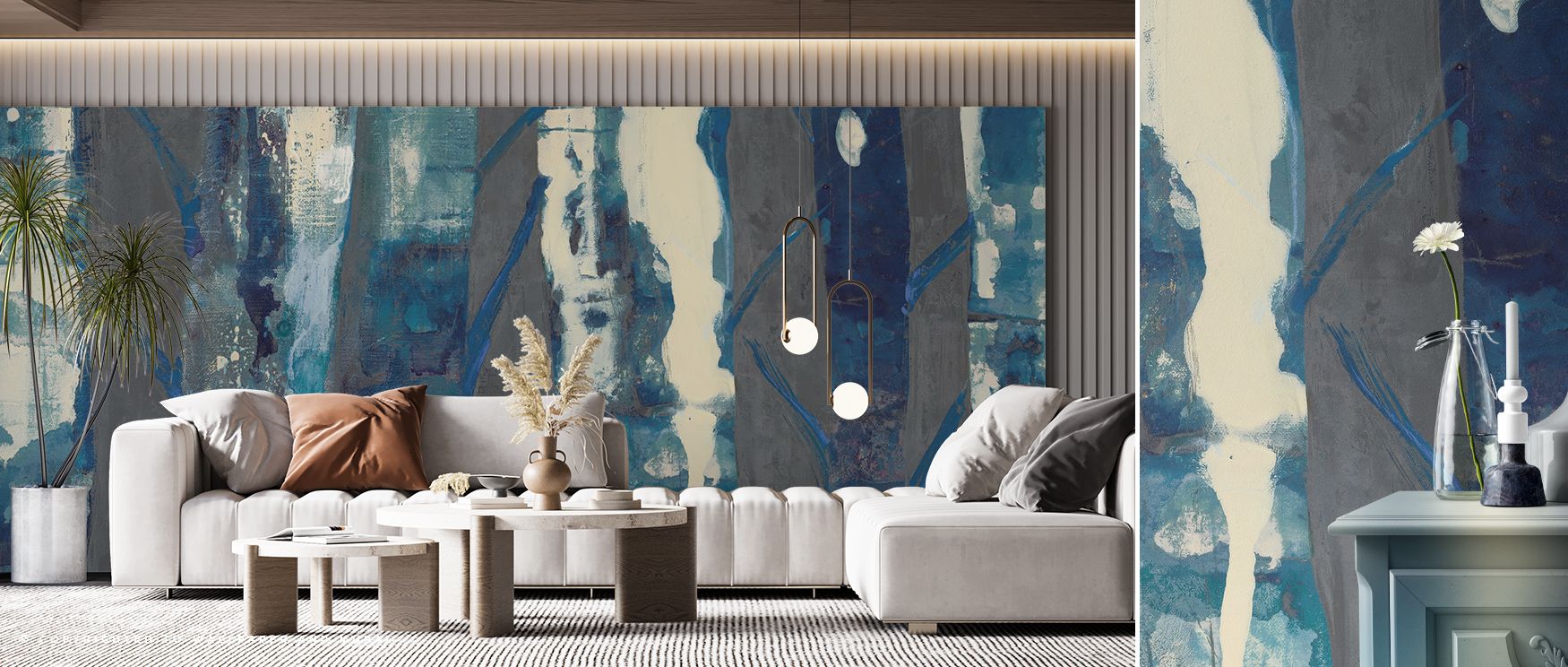 Deep Woods III Indigo on Gray Wallpaper frames interiors in indigo depth balanced with gray calmness. Its artistry sustains tranquility, enhancing bedrooms and offices with serenity. Interiors glow in woodland rhythm, enriched with timeless sophistication