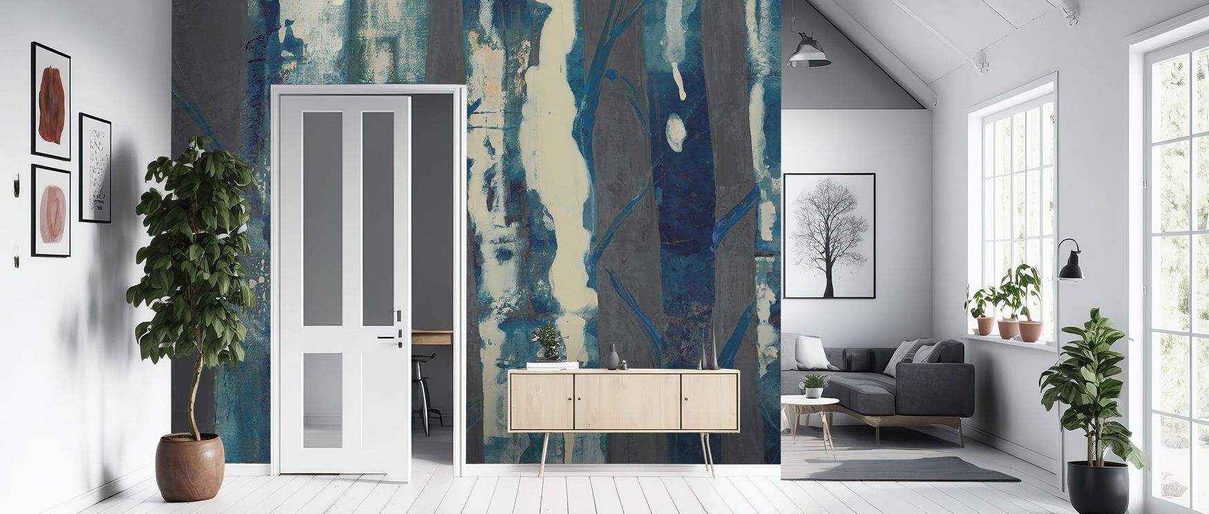 Deep Woods III Indigo on Gray Wallpaper conveys moody rhythm through indigo tones contrasted with gray backdrops. Its artistry enriches bedrooms and living rooms with calm refinement, sustaining atmosphere of sophistication and natural grace across timele
