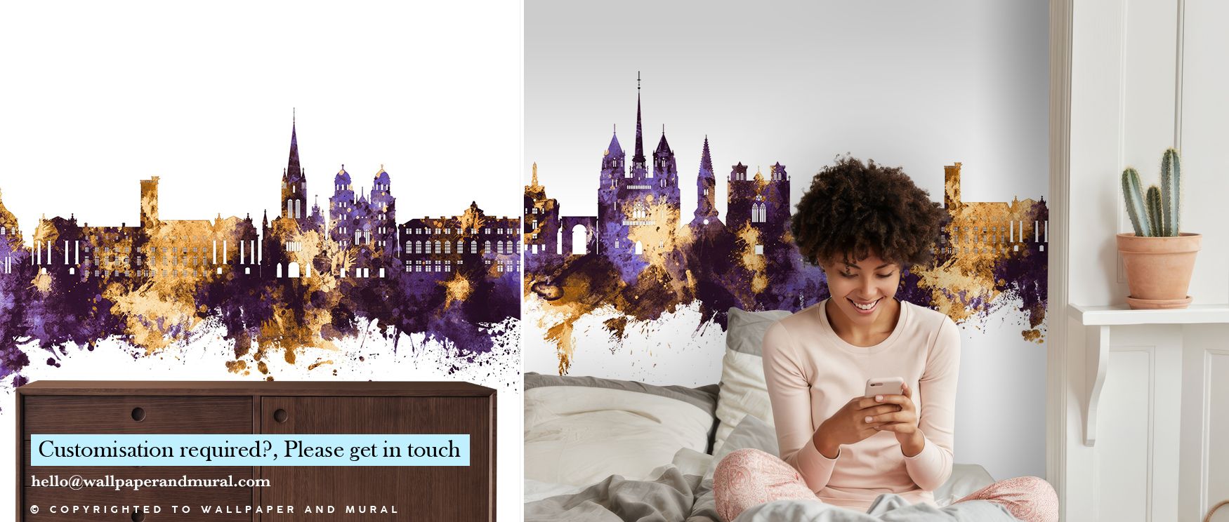 Dijon Skyline Purple & Gold Wallpaper sustains grandeur through luminous city artistry framed in regal tones. Its design enriches bedrooms and offices with elegance, sustaining metropolitan character. Interiors glow in refinement, thriving in atmosphere o