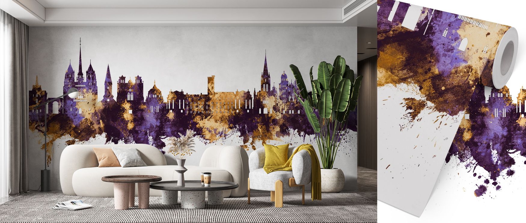 Dijon Skyline Purple & Gold Wallpaper radiates sophistication through luminous details layered in regal rhythm. Its artistry enriches bedrooms and offices with cultural pride, sustaining atmosphere of refinement and grace. Interiors glow in timeless charm