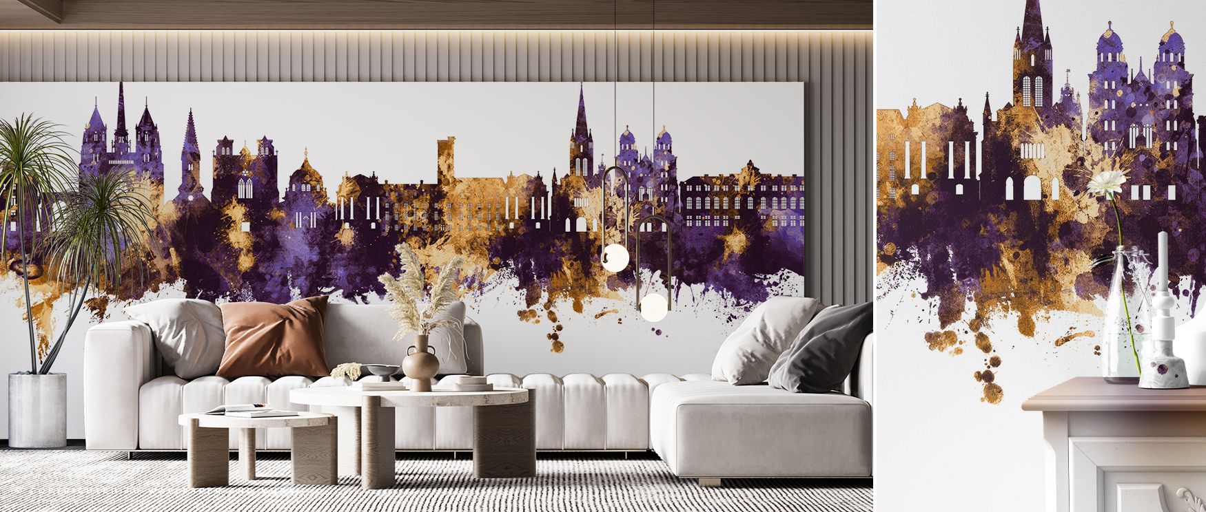 Dijon Skyline Purple & Gold Wallpaper reflects heritage through luminous tones that sustain balance of strength and elegance. Its design enhances bedrooms and living rooms with sophistication. Interiors glow with metropolitan charm, thriving in atmosphere