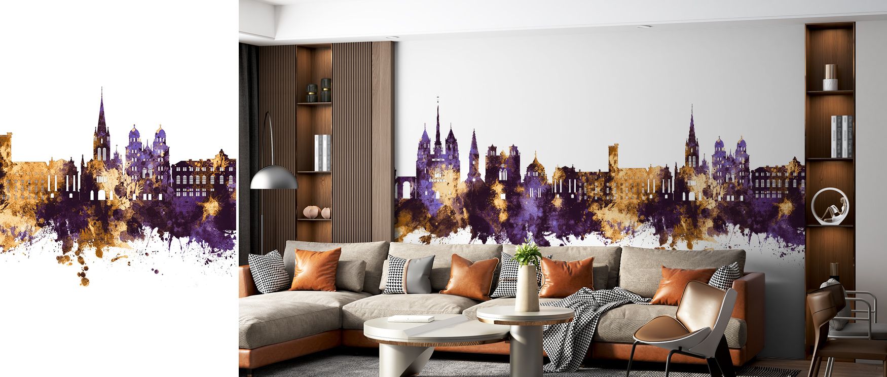 Dijon Skyline Purple & Gold Wallpaper sustains regal rhythm with luminous tones layered across city forms. Its artistry enriches bedrooms and living rooms with refinement. Interiors glow in cultural pride, sustaining atmosphere of elegance and sophisticat