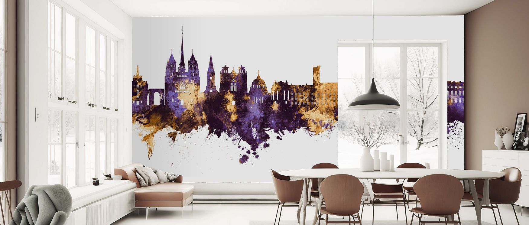 Dijon Skyline Purple & Gold Wallpaper transforms interiors with luminous rhythm shaped in regal tones. Its artistry sustains cultural pride, enriching bedrooms and living rooms with refinement. Interiors glow with timeless sophistication, sustaining atmos