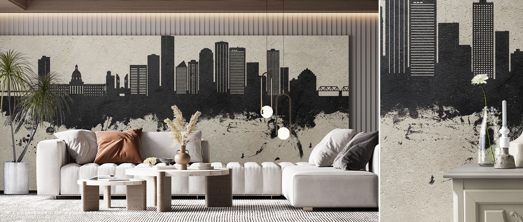Edmonton Skyline Concrete Wallpaper conveys refinement through textured artistry shaped in muted architectural silhouettes. Its design enriches bedrooms and offices with elegance. Interiors glow with calm sophistication, sustaining atmosphere of cultural 