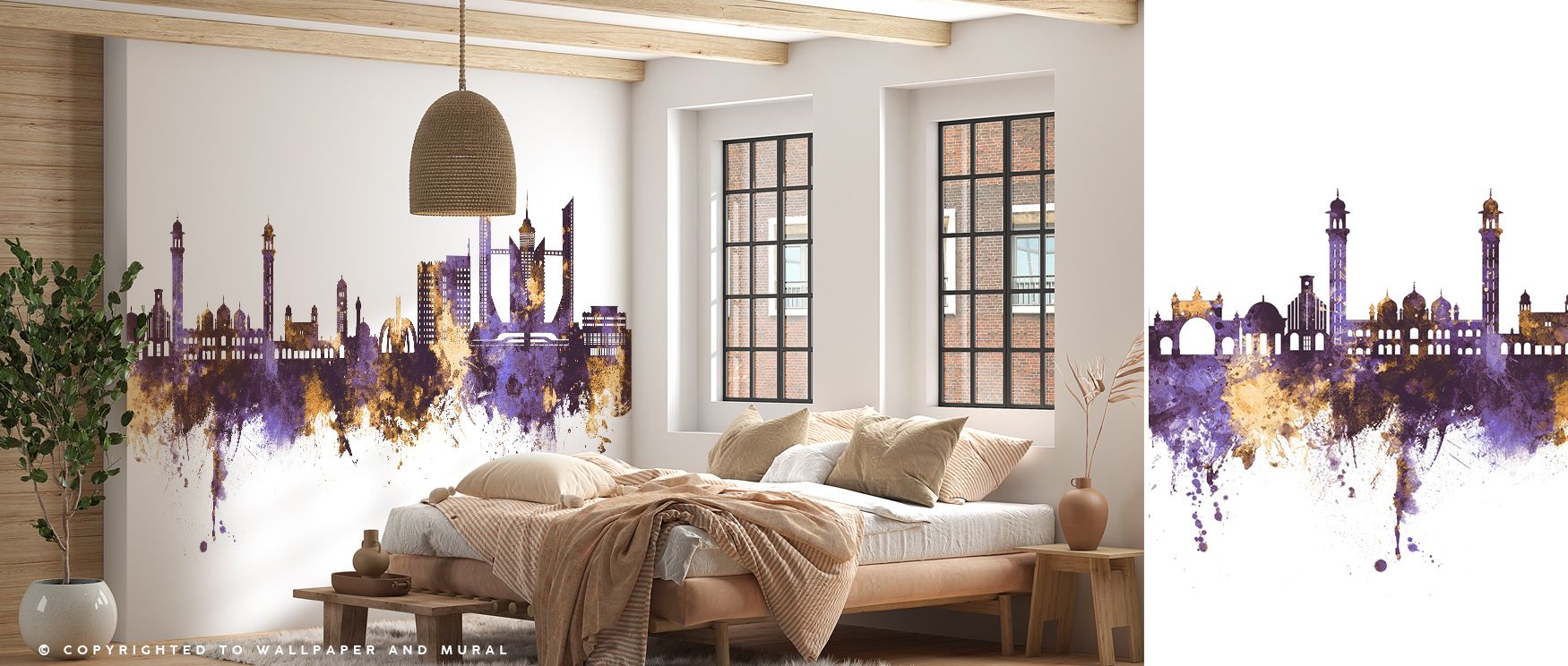 Faislabad Skyline Purple & Gold Wallpaper sustains refinement through luminous tones arranged in architectural rhythm. Its design enriches bedrooms and offices with metropolitan pride, sustaining atmosphere of elegance. Interiors glow with timeless charac