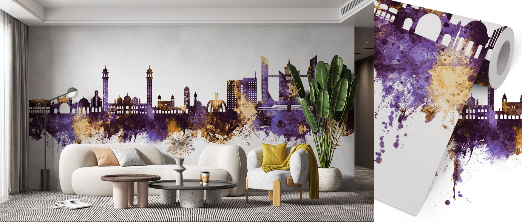 Faislabad Skyline Purple & Gold Wallpaper conveys metropolitan elegance with luminous tones shaped in balance. Its design enriches bedrooms and living rooms with refinement. Interiors glow with charm, sustaining atmosphere of timeless grace and sophistica