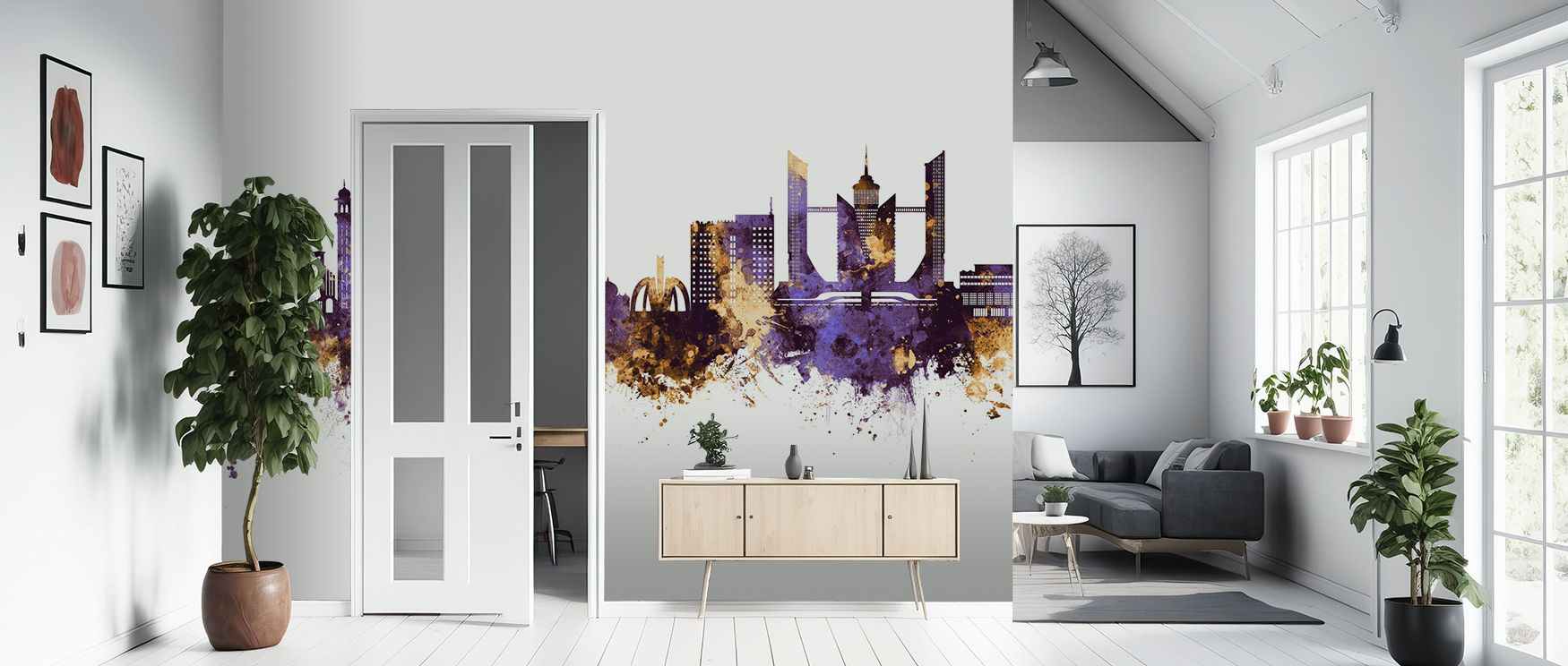 Faislabad Skyline Purple & Gold Wallpaper reflects sophistication through regal artistry painted in harmony. Its design enriches bedrooms and living rooms with refinement. Interiors glow in cultural pride, sustaining atmosphere of elegance and metropolita
